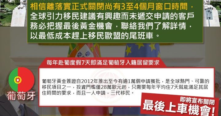 葡萄牙黃金簽證推遲關閉 把握最後機會