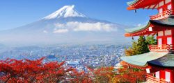 Mt. Fuji with fall colors in japan.